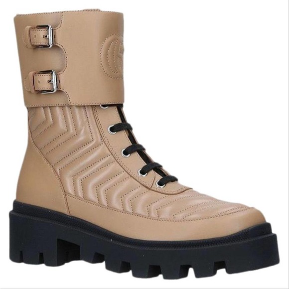 GUCCI Frances GG logo embroidered quilted leather lug boots